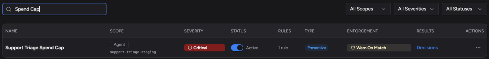 The Policies list in the Traccia app, searched for Spend Cap. Support Triage Spend Cap is scoped to the agent support-triage-staging, has type Preventive, enforcement Warn On Match and results Decisions.