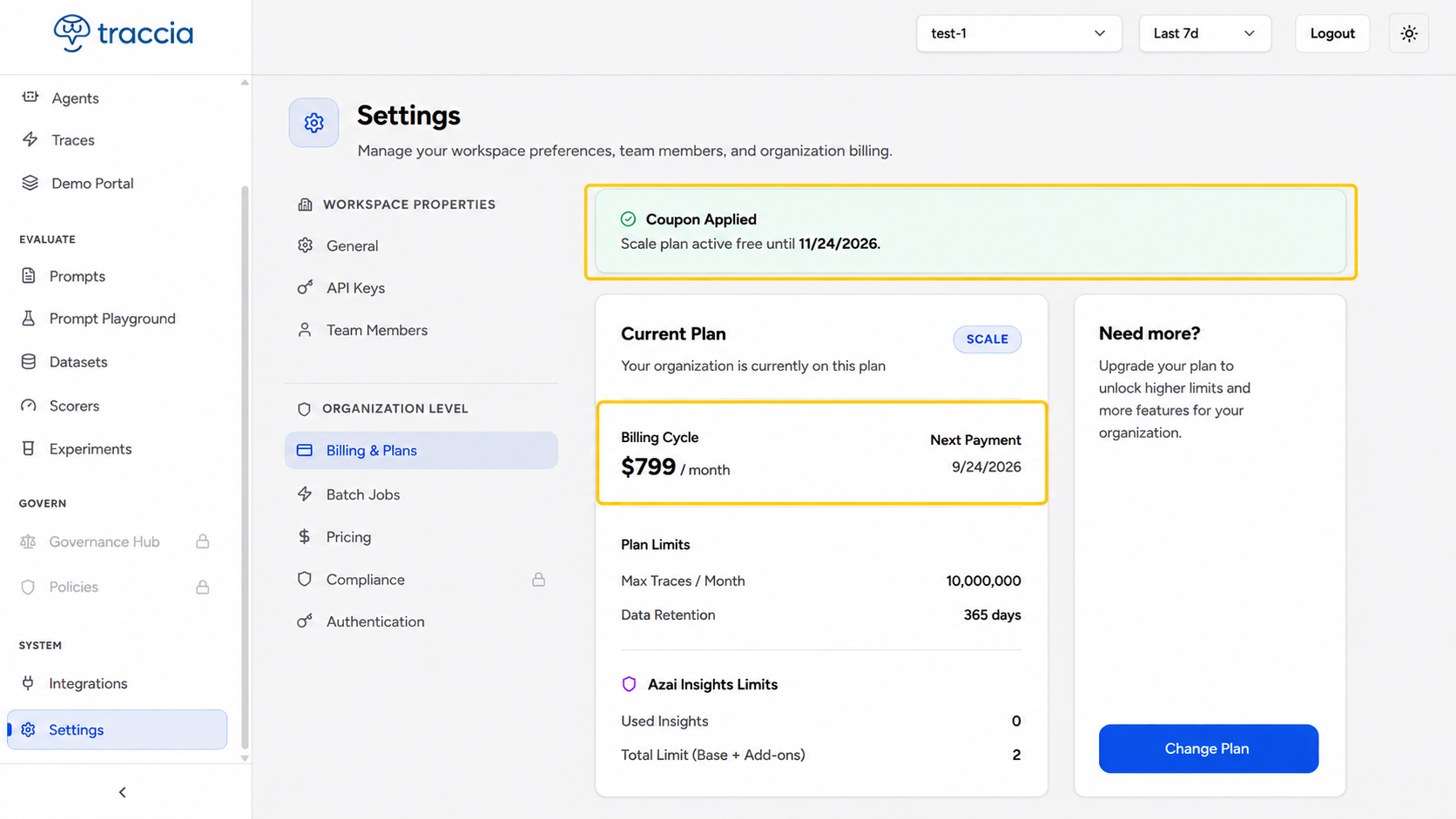 Traccia billing page showing a Coupon Applied banner and the updated current plan after redeeming a coupon code