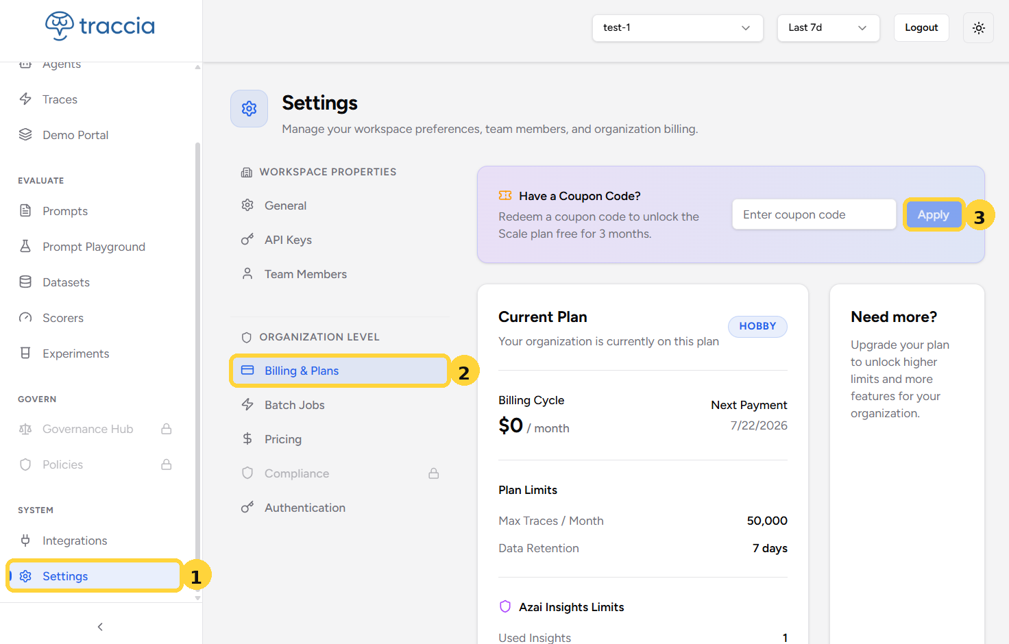 Traccia settings page showing Settings, Billing & Plans, and the Apply button for a coupon code, numbered 1 through 3